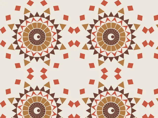 Rosettes of mosaic rings, diamonds and triangles in rust, brown and tan on a cream background