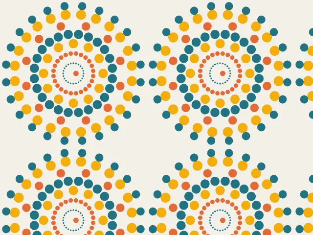 Rosettes made of rings of teal, ochre and orange dots