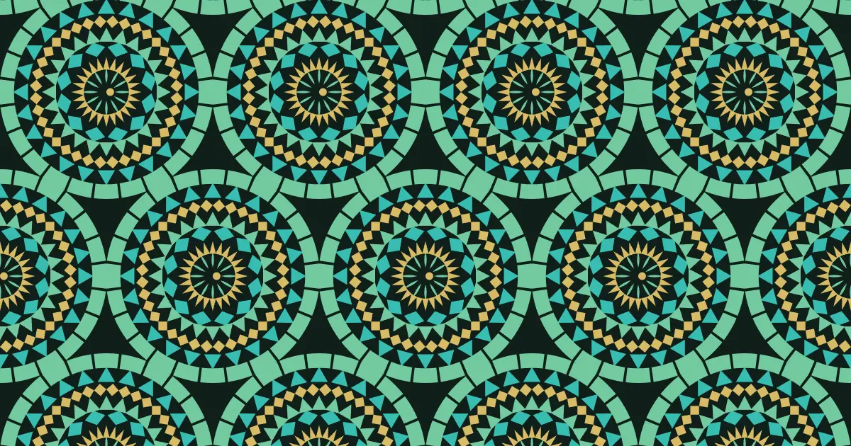 Mosaic rosettes of green, teal and gold rings on a dark background