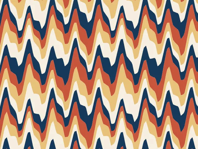 Blue, rust, cream and gold ink combed into a tall zigzag