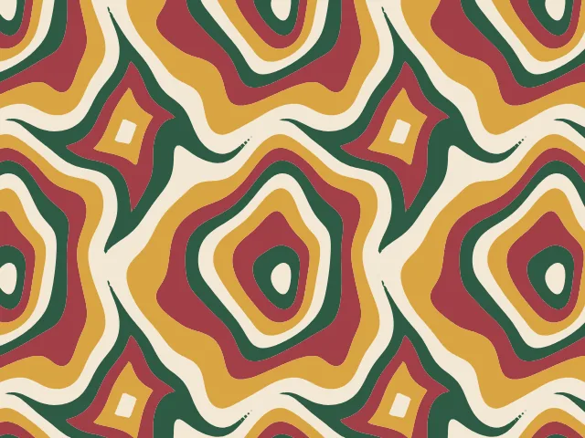 Concentric blobs of green, red and gold on a cream ground