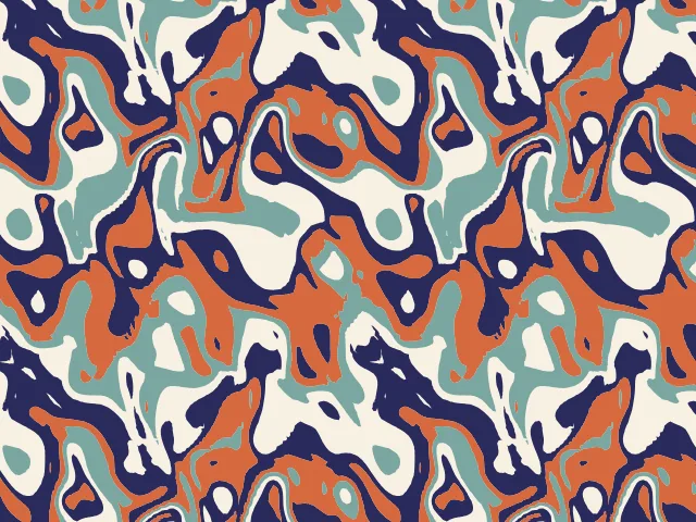 Dense feathered marbling in navy, orange and sage on cream
