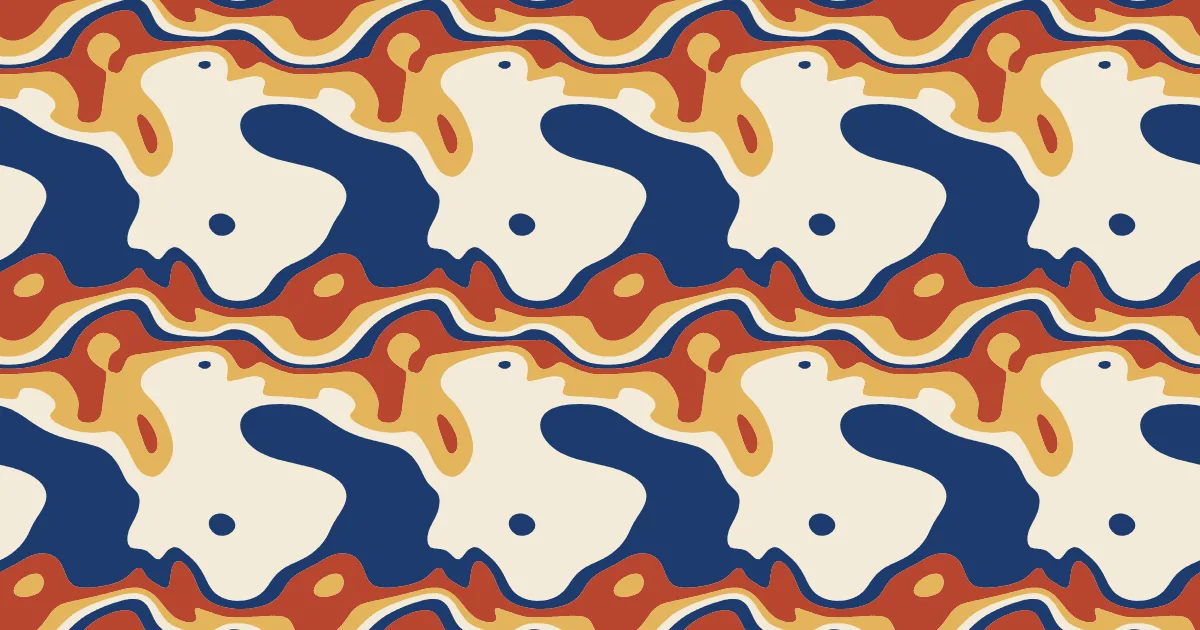 Flowing blue, cream, red and gold marbled swirls, with blobs of cream and navy between wavy bands of ink