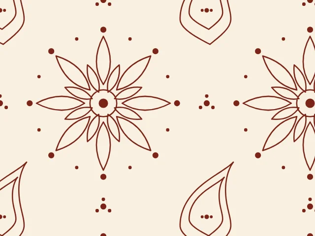 A flower of eight outlined petals with red dots and paisleys in dark red lines on an ivory ground