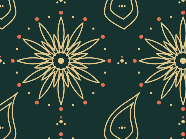 A flower of twelve outlined petals with coral dots and paisleys in gold lines on a deep teal ground