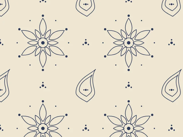 A small six-petalled flower and paisleys in fine navy lines on a cream ground
