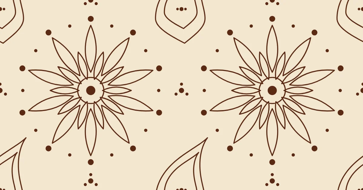 A flower of outlined petals ringed with dots, and paisleys, in fine brown lines on a cream ground
