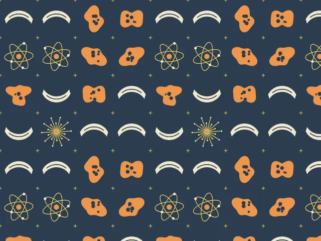 Gold starbursts, cream atoms, orange amoebas and cream boomerangs with small plus signs on a dark slate ground