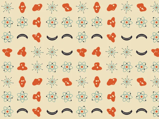 Small teal starbursts and atoms, orange amoebas and dark boomerangs in loose rows on a sand-colored ground