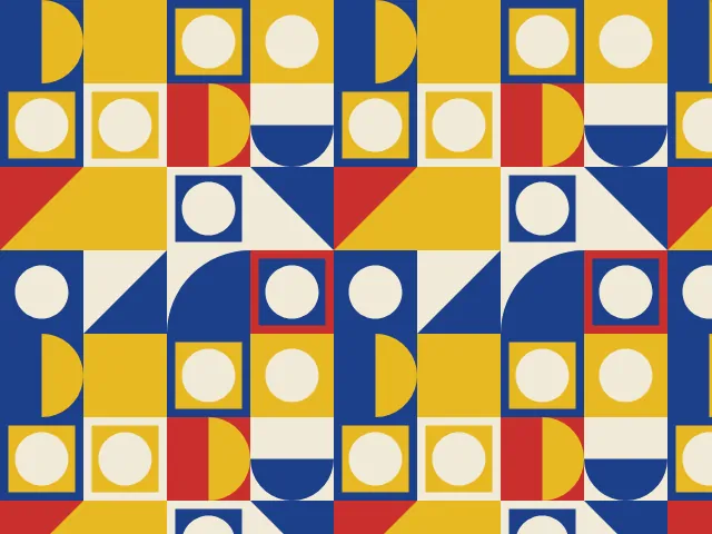 Quarter circles, half circles and triangles in red, blue and yellow with circles in squares, on a cream ground