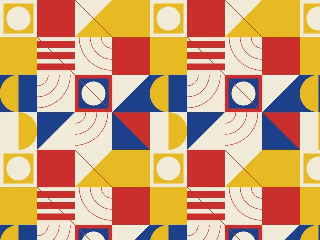 Blocks of red and yellow with stripes, thin concentric arcs, triangles and circles in squares, on a cream ground