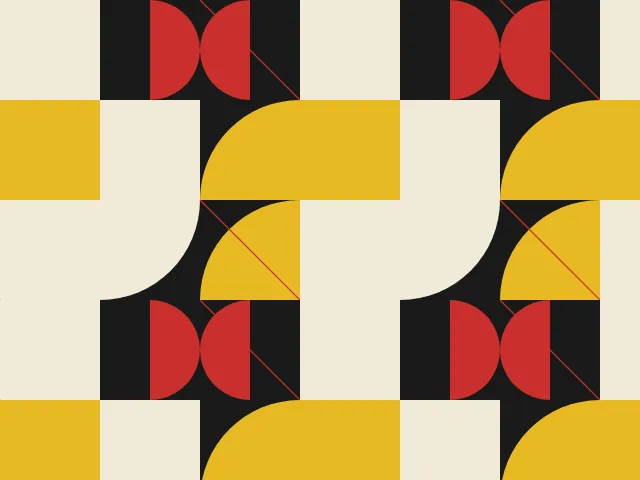 Large yellow and cream half circles, red half discs and thin diagonal lines on a black ground