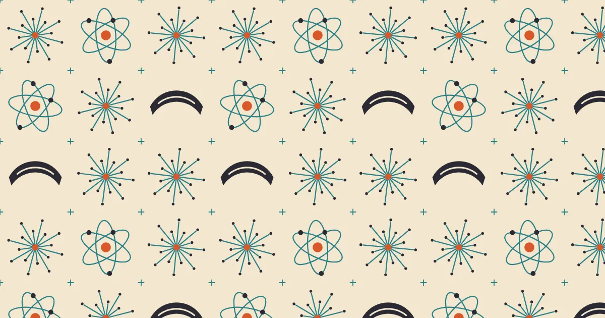Teal starbursts and atoms with orange centers, black boomerangs and small plus signs on a cream ground