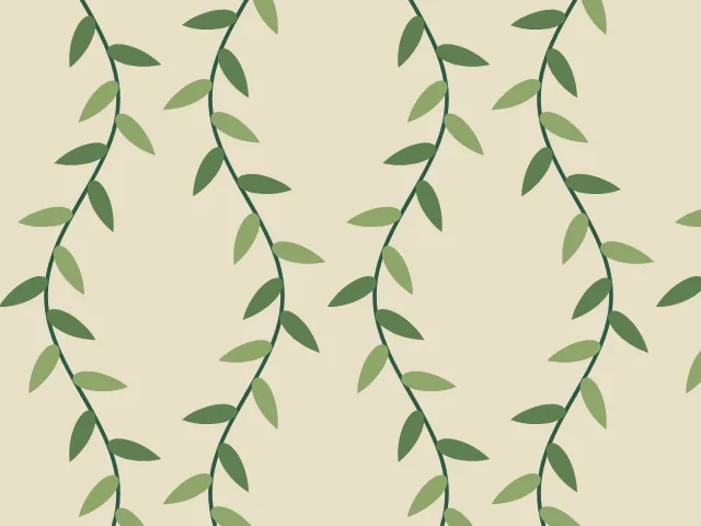 Long wavy green stems with pairs of leaves in two shades of green, on a parchment-colored ground
