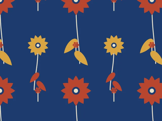 Red and gold daisies with cream centers on thin stems with gold and red leaves on a navy ground