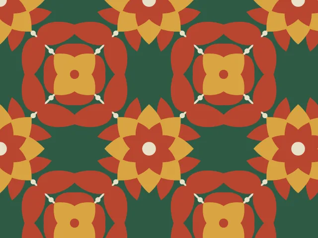 Red four-petal buds and gold flowers linked by a diamond trellis of thin cream stems on a deep green ground