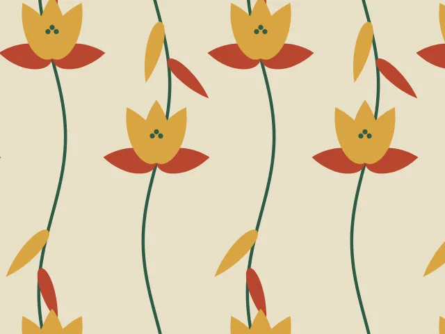 Gold lilies with red outer petals on swaying green stems with long green and gold leaves, on a cream ground