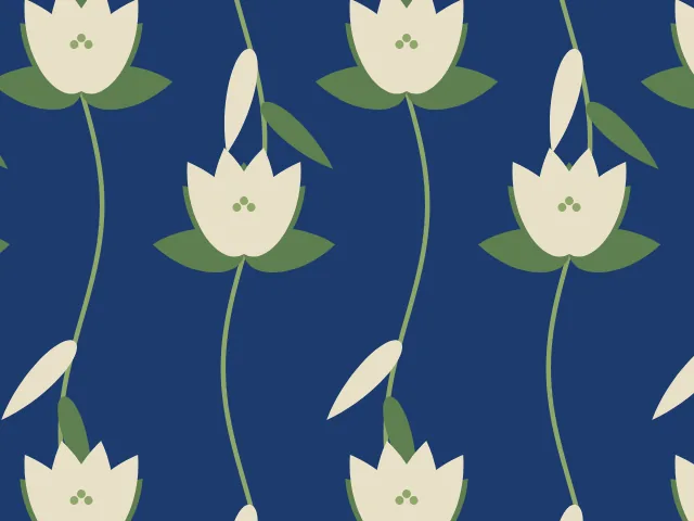 Cream lilies on swaying sage-green stems with long leaves, on a navy ground