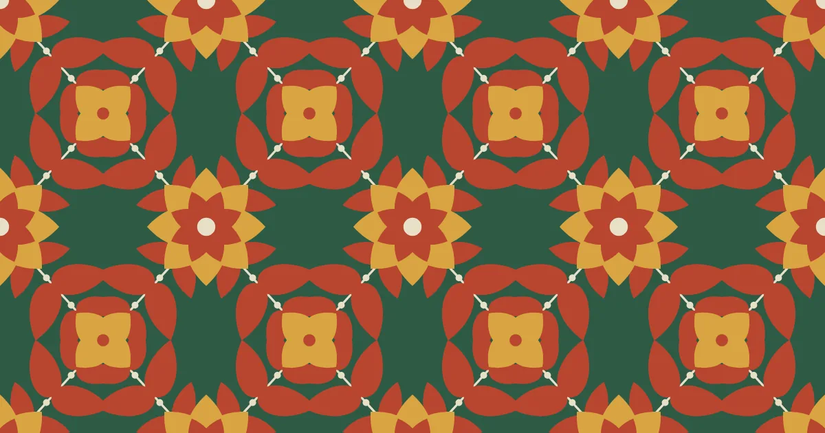Red and gold flowers with cream centers linked by thin cream diagonals, with red leaf pairs, on a deep green ground