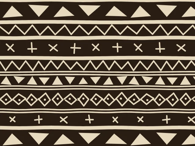 Cream triangles, zigzags, crosses and diamonds in bands on a dark brown ground