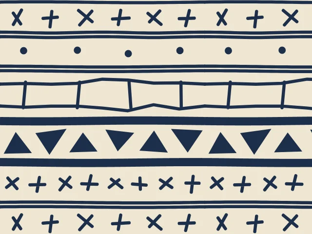Navy crosses, dots, ladders and triangles in heavy-lined bands on a cream ground