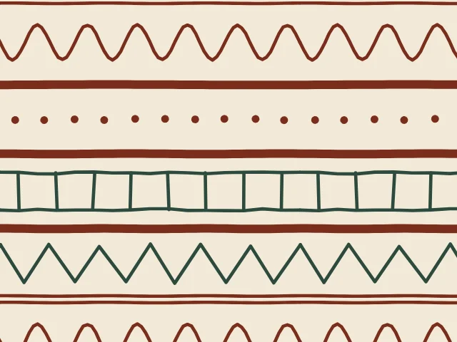 Wide bands of red waves, dots and zigzags and green ladders on a cream ground
