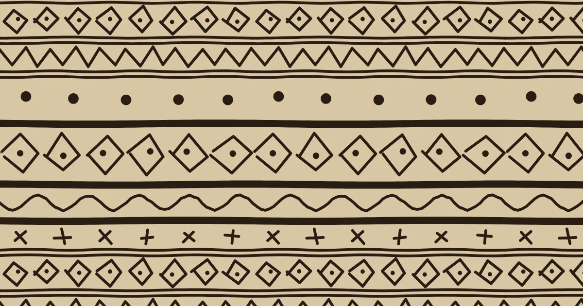 Bands of dark hand-drawn zigzags, crosses and triangles on a tan ground in a mud cloth pattern