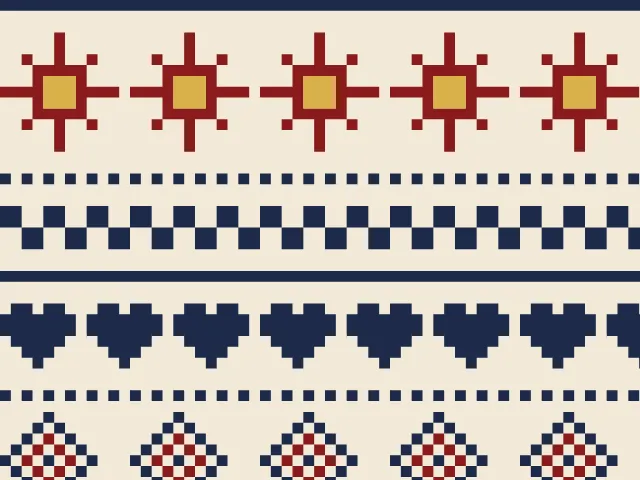 Bands of red and navy stars, checks, hearts and lozenges on a cream ground, divided by lines of dots