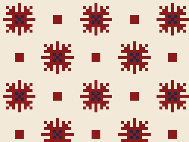 Red eight-point roses in a half-drop with small red squares between them on a cream ground