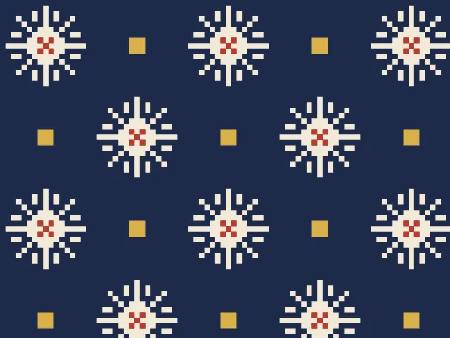 Cream eight-point roses with red centers and gold squares between them on a navy ground