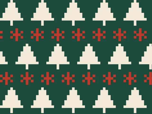 Rows of cream firs alternating with rows of red snowflakes on a dark green ground