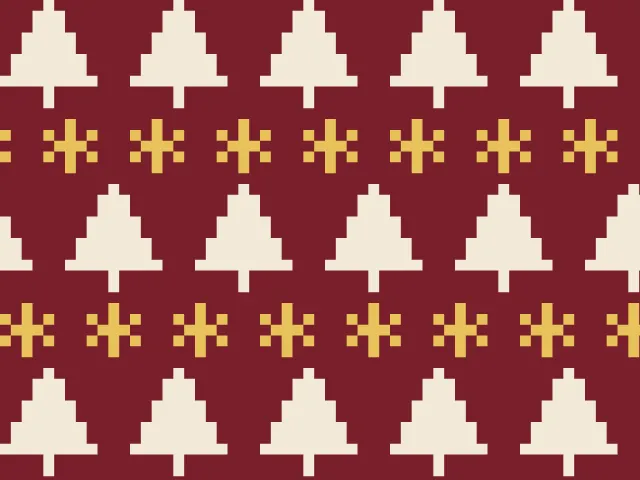 Cream firs and gold snowflakes in alternating rows on a maroon ground