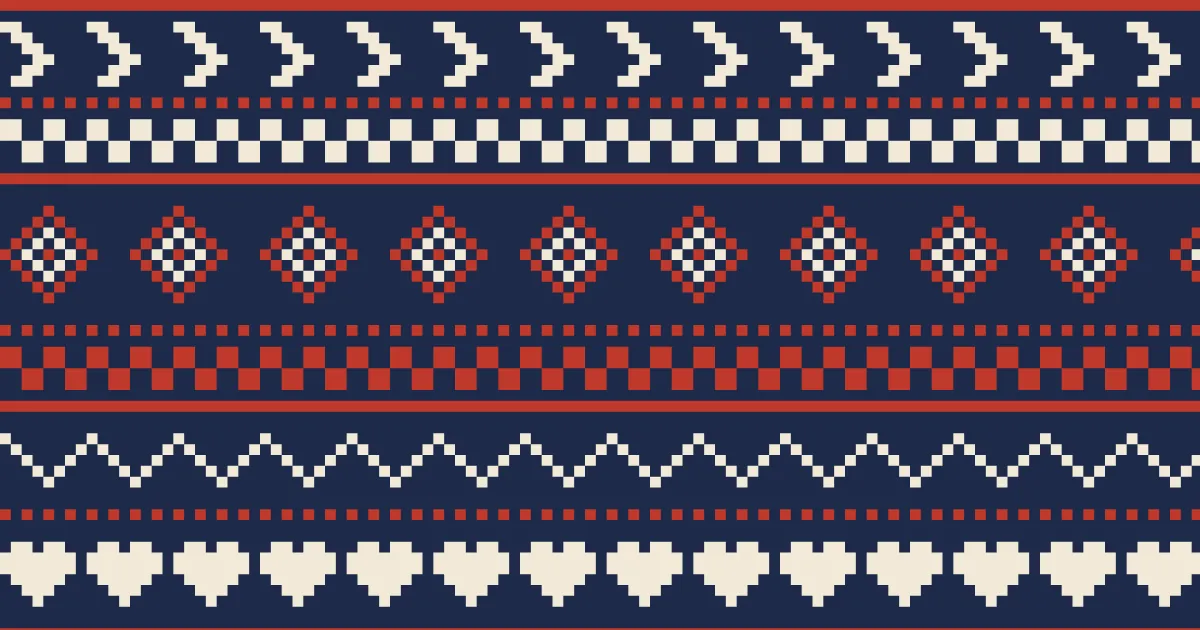 Horizontal bands of cream stars, zigzags, hearts and checks with red and gold accents on a navy ground, in the style of a Fair Isle sweater