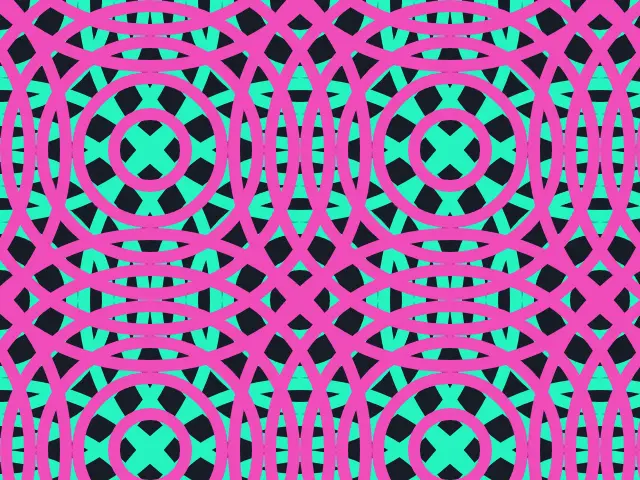 Overlapping concentric rings in pink, turquoise and dark blue forming a moiré pattern