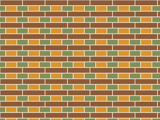 Brown rows of long bricks alternating with rows of short green and orange bricks