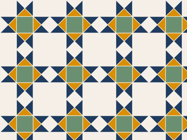 Navy and ochre stars with green centres on a cream background