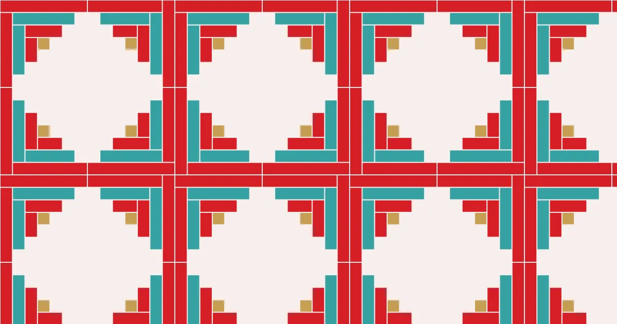 Log cabin quilt blocks in red, turquoise and pink arranged around diamond-shaped light centres