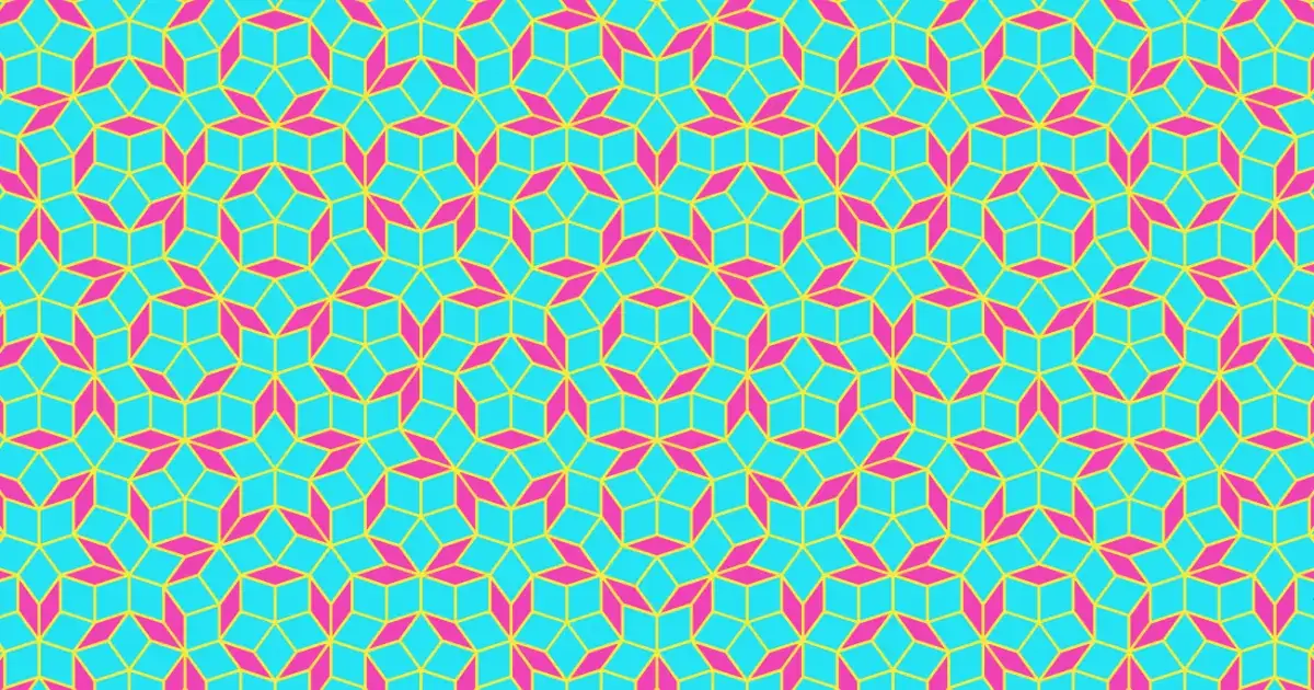 Penrose rhombs in cyan and pink with yellow outlines