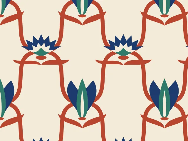 Navy and green tulips with rust-red vines on a cream ground
