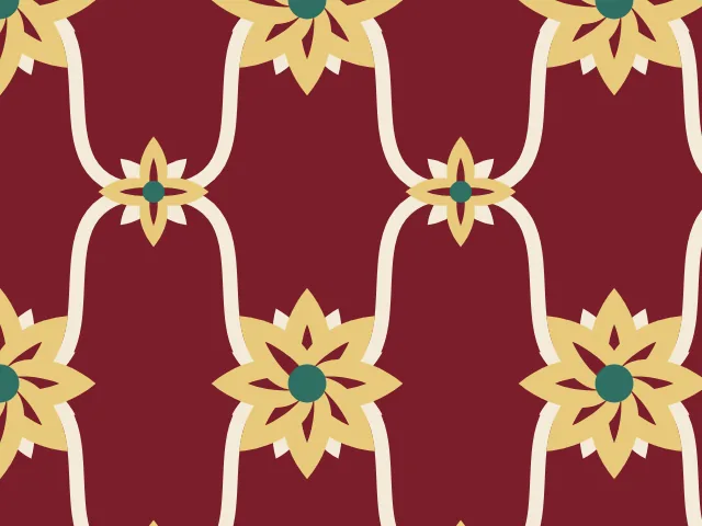 Gold starry blooms joined by cream vines in a net on a crimson ground