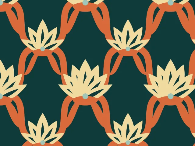 Large cream palmettes with orange heavy vines on a deep green ground