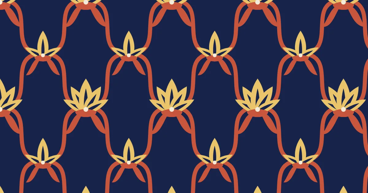 Blue and teal palmette flowers joined by rust-red vines on a cream ground
