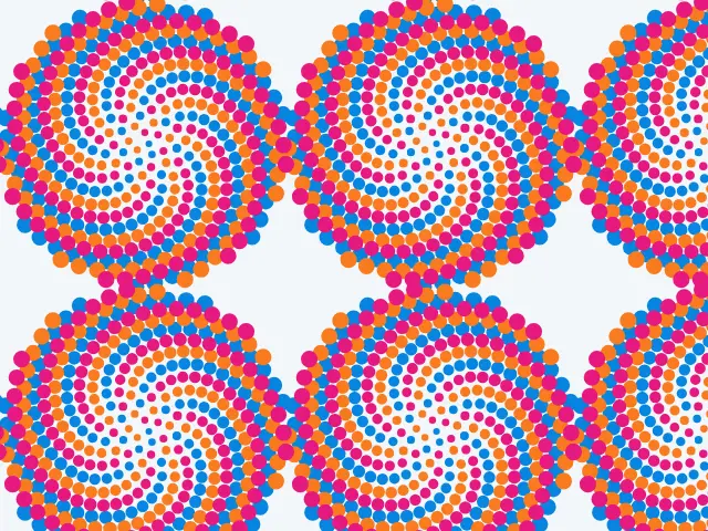 Sunflower heads of colorful dots in orange, purple and pink forming spirals