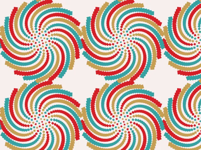 Red, teal and ochre diamonds forming broad spiral arms