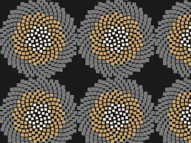 Squares in gray and tan, colored in rings from the center, on a dark background