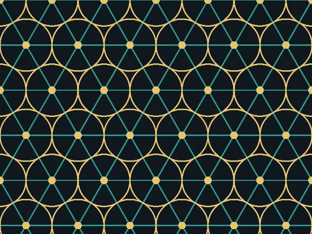 Gold circles with gold dots at their centers and teal straight lines linking the centers on a very dark ground