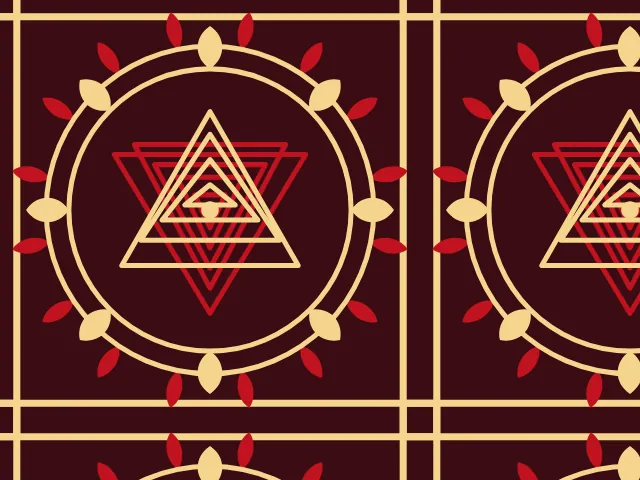 Interlocking gold and red triangles in a ring of petals and a square frame on a deep maroon ground