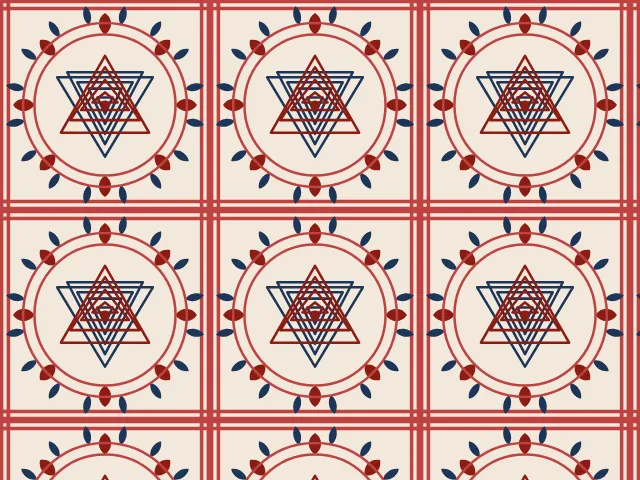 Rows of yantras with red and navy triangles, rings and petals in square frames on a cream ground