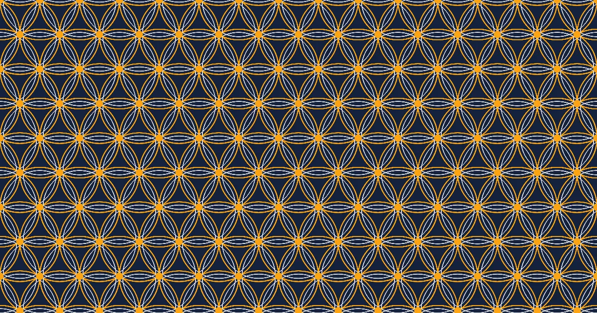 Overlapping gold circles on a hexagonal lattice with white petal-shaped lenses on a navy ground, the Flower of Life