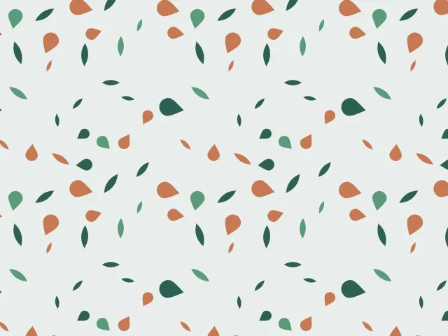 Small terracotta and green petals and drops on a pale grey background